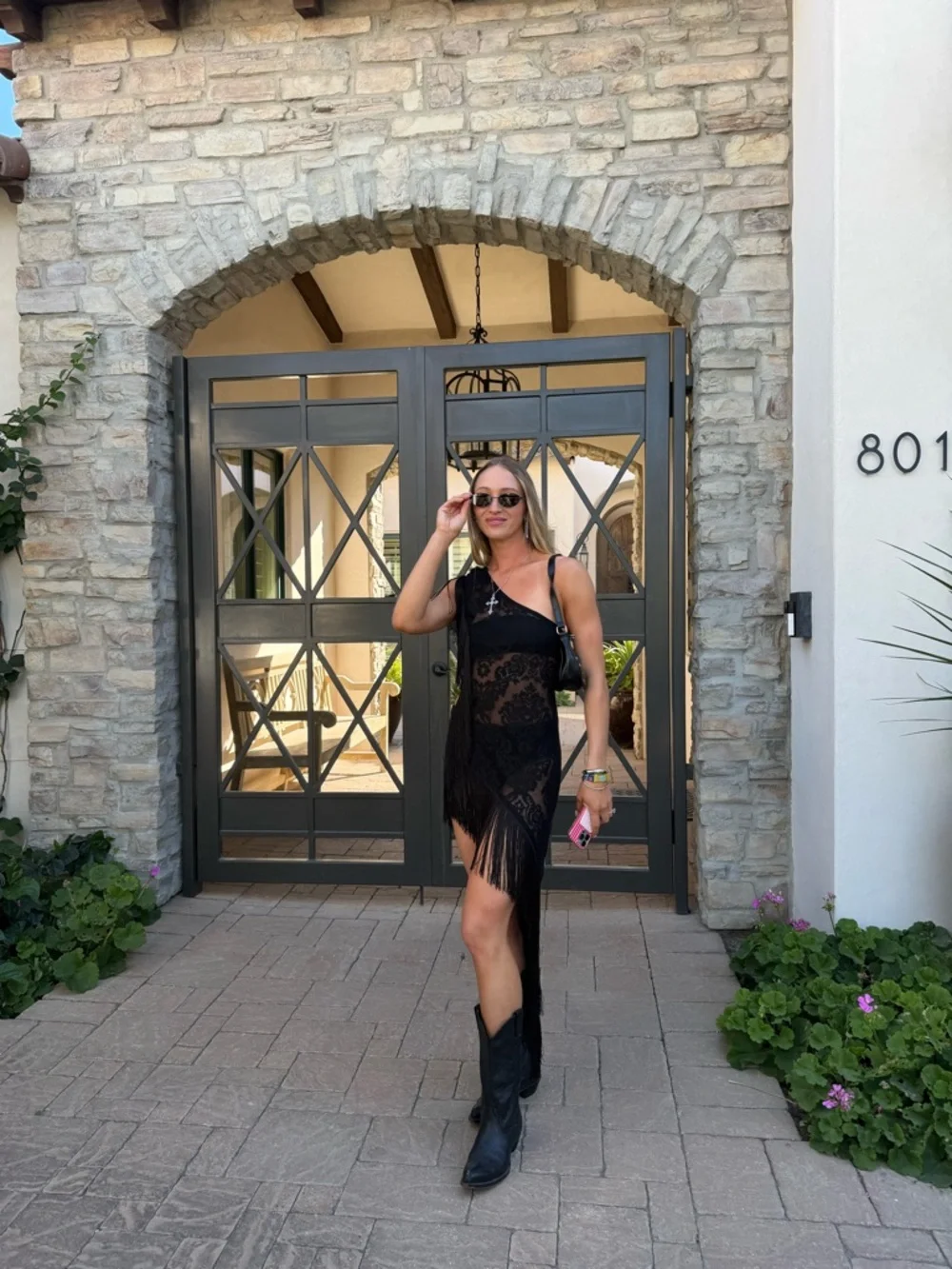 Black Lace Fringe Asymmetric Dress - Picture 4 of 5